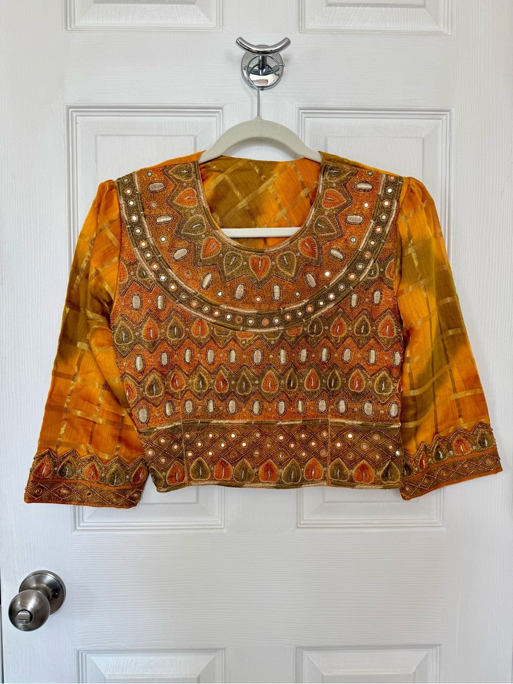 Indian Choli Saree Blouse Orange Gold Embroidered Mirror Work Lace Up Back